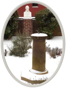 Jefferson bust and sun dial with snow