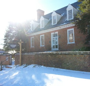 Snowy Westmoreland County Museum with sun